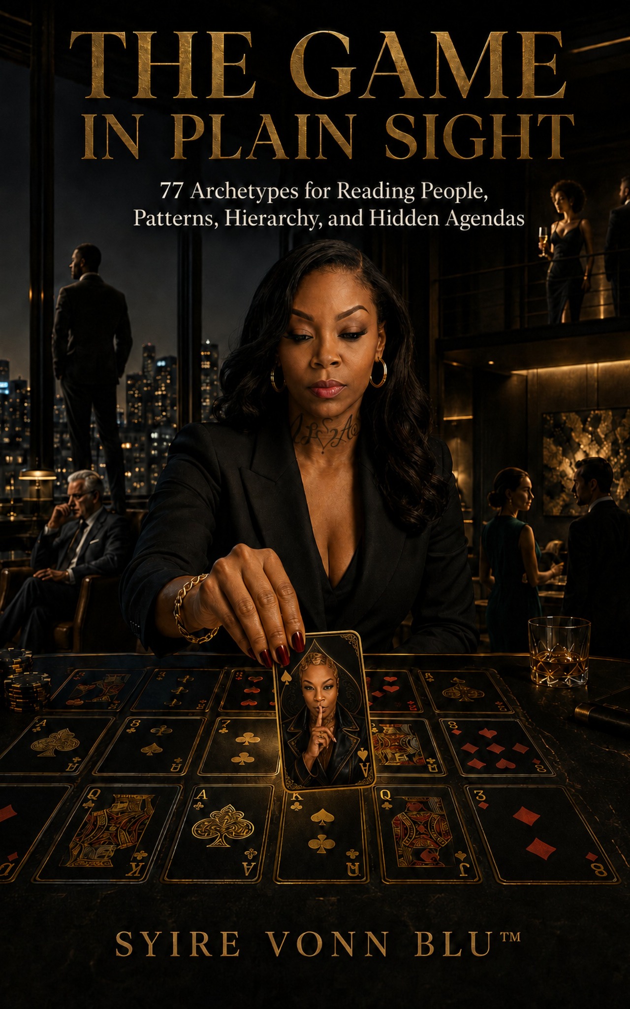 The Game in Plain Sight cover: a woman in black seated at a card table in a dark city-view room, placing a single card face up.
